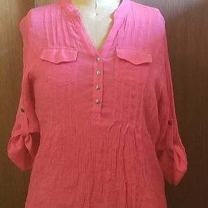 1X Cocomo Pink Sheer Crepy Blouse with Rollup 3/4 Sleeves